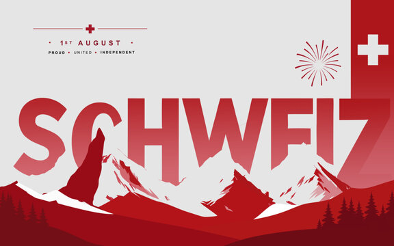 Swiss National Day 1 August Celebration Banner with Alpine Mountain Landscape. national events, holiday promotions, and commemorative designs.