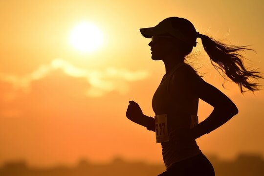 A female runner is silhouetted against a vibrant sunset backdrop, displaying determination and endurance. The image beautifully captures the blend of nature and physical activity in a serene setting.