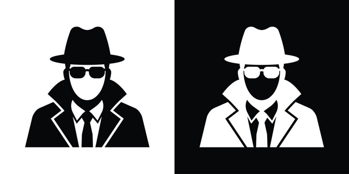 Clean vector graphic icon showing a vintage detective character wearing a classic fedora hat and a traditional trench coat, in black and white options.