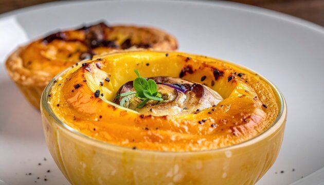Gourmet Baked Pumpkin Tart with Savory Filling and Fresh Mint Garnish