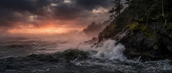Fototapeta premium Cinematic Storm‑Coast Cliffs with Crashing Waves and Orange Horizon Glow