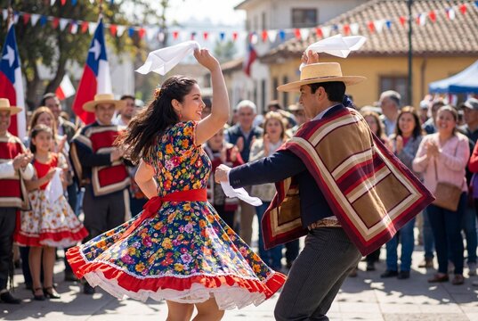 Chilean people celebrating fiestas patrias, a couple performing traditional cueca folk dance in a vibrant street festival