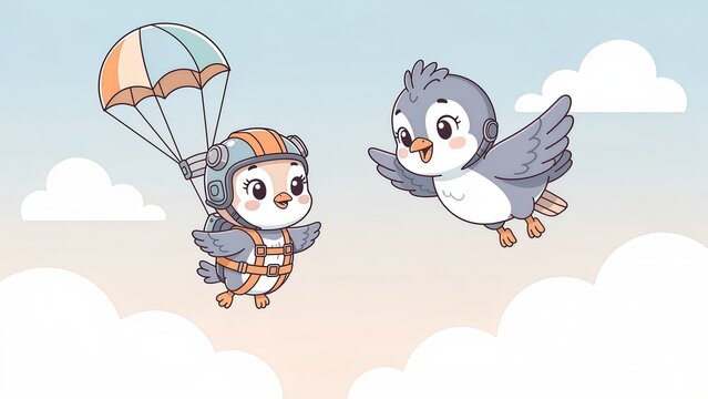 Cute cartoon birds flying and skydiving with a parachute in the sky vector illustration
