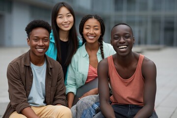 Group of diverse teenagers laughing while seated on plaza