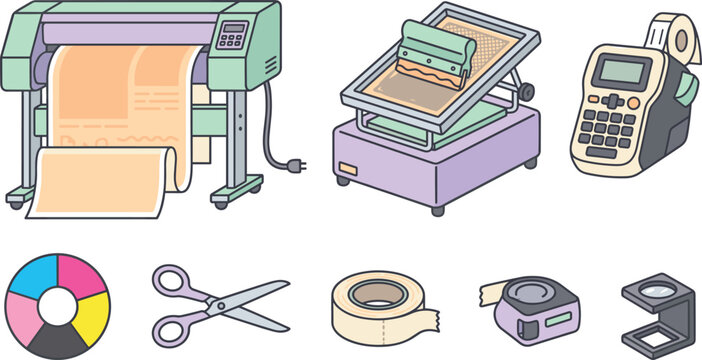 Professional printing studio vector element set featuring large format plotter screen printing press label maker cmyk wheel scissors tape and magnifying loupe