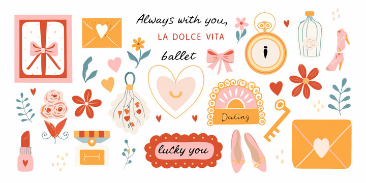 Romantic Illustration Set With Hearts Gifts And Floral Elements