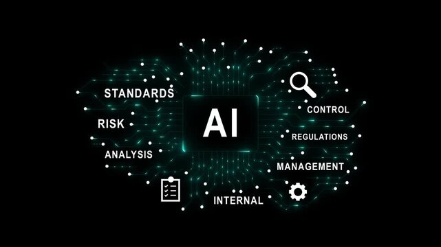 AI risk analysis standards compliance quality control concept black background with notebook pen and internal management regulations for corporate review and 4k videi...