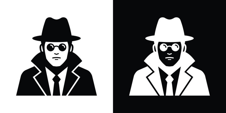 Retro-style detective vector illustration featuring an anonymous investigator with round glasses, a fedora hat, and a trench coat in black and white.