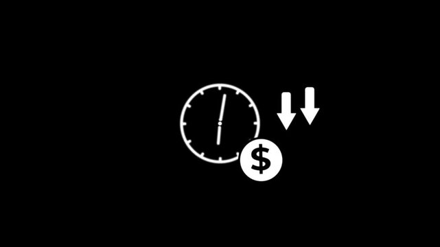 Time reduction money animation.dollar coin down icon animation on black background. 4K motion animation.