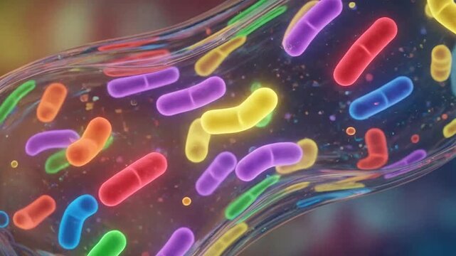 Multicolored bacteria cells under microscope.