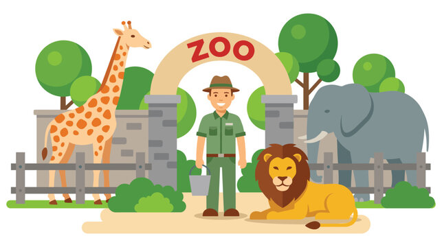 Zoo keeper character with giraffe and lion in enclosure.