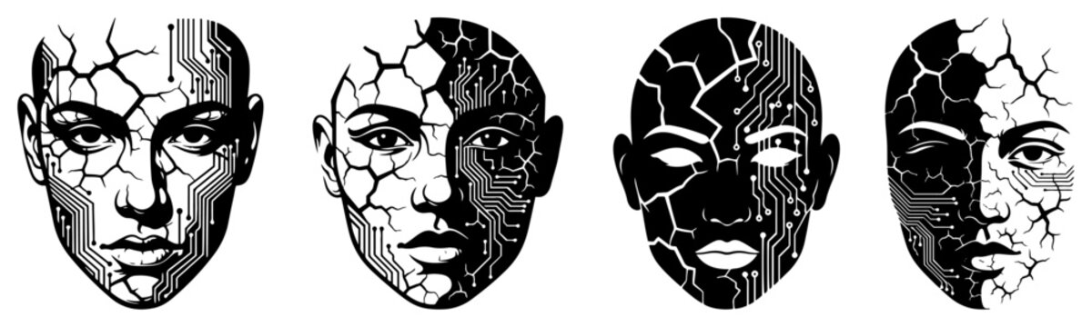 Human faces with circuit board patterns and cracked skin representing artificial intelligence