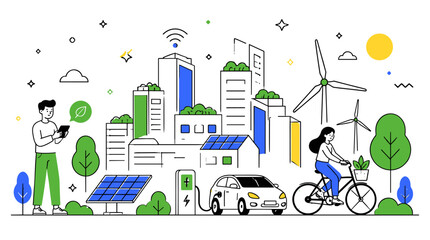 Fototapeta premium Eco-Friendly City Illustration with Renewable Energy and Green Transportation