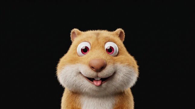Cute hamster 3D character design smiling with funny expression, fluffy brown, white rodent sticking tongue out, isolated on black background, adorable cartoon animal portrait for kid mascot designs.