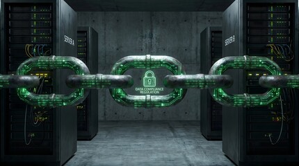Naklejka premium A highly secured server room with a large green chain and padlock in the foreground