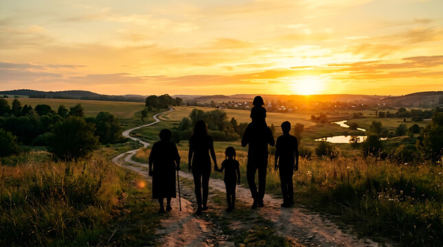 Silhouette of multigenerational family walking on rural path during golden sunset in countryside landscape with hills and fields