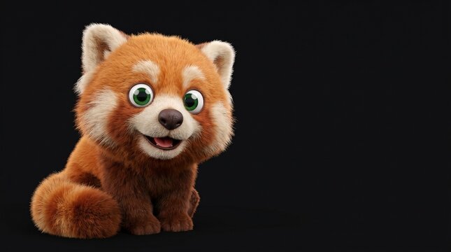 Red panda cartoon 3D character sitting happily against a black background, cute furry animal illustration with big green eyes and smiling face, copy space for custom design, digital art portrait.