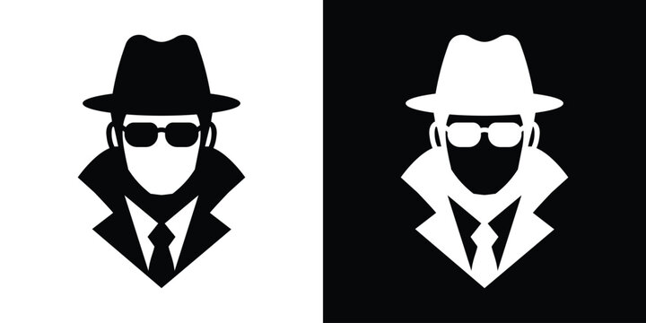 Vector avatar icon of a classic spy or secret agent wearing a fedora hat, sunglasses, and high-collared trench coat, in high-contrast black and white.
