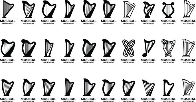 Harp logo icon set with classical string musical instrument elements for music academy corporate identity design