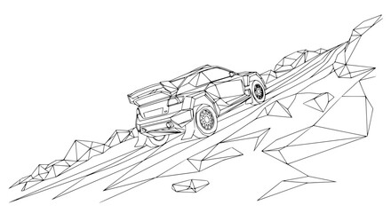 Obraz premium Geometric sports car climbing steep rocky mountain, wireframe illustration, abstract concept