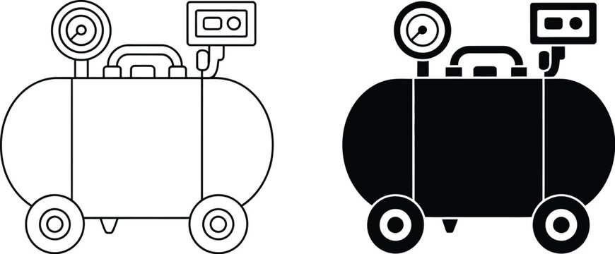 Air Compressor Icon Set in Solid and Line Styles for Industrial Equipment and Web Design
