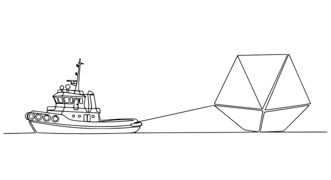 Tugboat towing abstract geometric shape, minimalist line art illustration