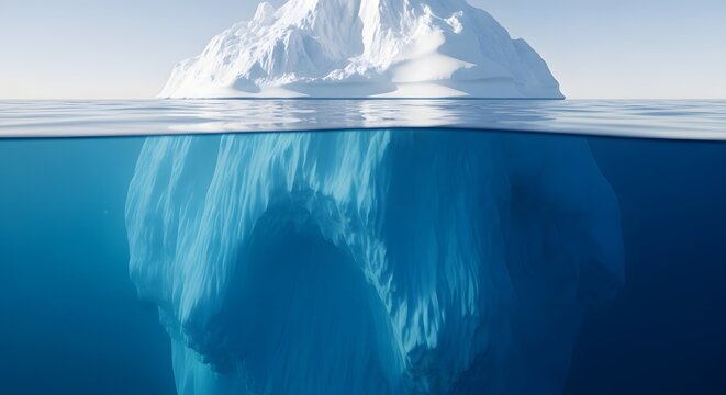 Dramatic split level view of antarctic iceberg with submerged section in cold ocean water