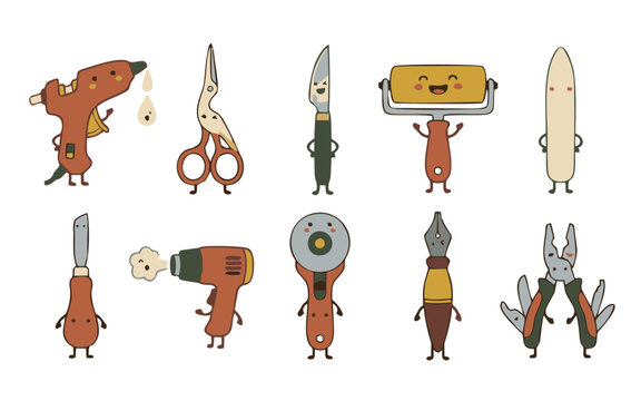 Create a clean collection of 10 unique construction tool character illustrations