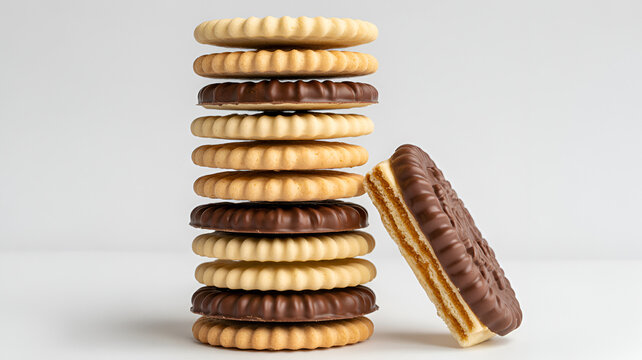 A tall stack of round sandwich cookies with alternating vanilla and chocolate layers, standing upright on a clean white surface for dessert