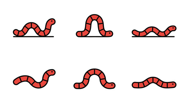 Red worms crawling icons set on white background.
