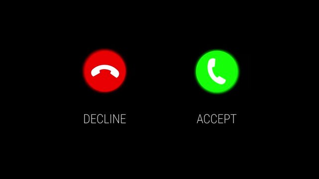 Decline accept incoming call signs. Simple animation of the buttons to accept or cancel a call. Round buttons in green and red.
