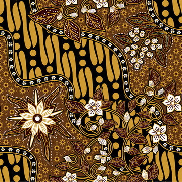 Elegant traditional Javanese batik seamless pattern with Parang Lereng, truntum dots, and detailed floral soga brown ornaments vector illustration.
