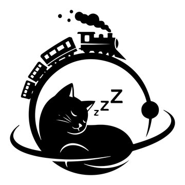 Sleeping cat curled in circle with steam train traveling on top dream concept