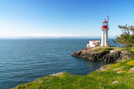 Sheringham Point Historical Lighthouse Landscape. Sheringham Point lighthouse on Vancouver Island overlooking the Strait of Juan de Fuca. 
