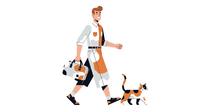 Man walking a cat with a camera bag.