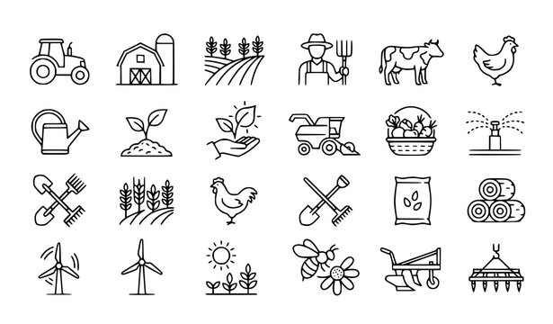 Farming UI thin line vector icon set with agriculture tractor crops and eco symbols