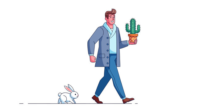 Man walking with cactus plant and robot dog.