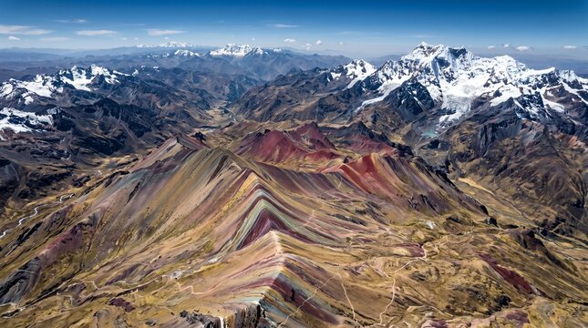 Wide Satellite View of Rainbow Mountain Geological Patterns in Peru Andes