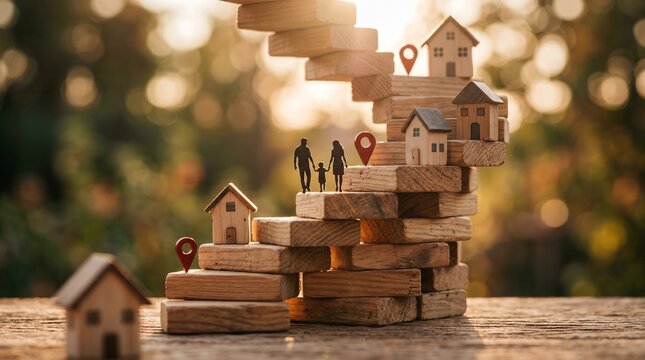 Stairway to Homeownership: Miniature houses and a family silhouette ascend a staircase made of wooden blocks, symbolizing the journey towards achieving homeownership and stability.