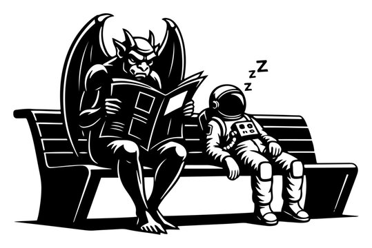 Gargoyle reading newspaper sitting next to sleeping astronaut on park bench surreal silhouette vector