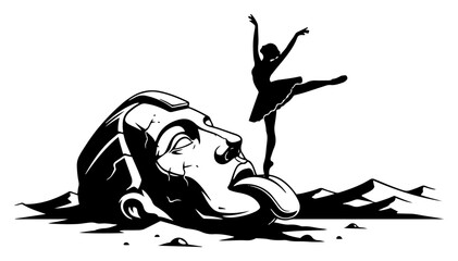 Ballerina dancing on a giant stone statue tongue in surreal monochrome style © Aurora
