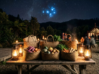 A night scene with a wooden table laden with woven baskets of fresh produce and lanterns, under a starry sky with a prominent star cluster, while people gather around a campfire in the background.