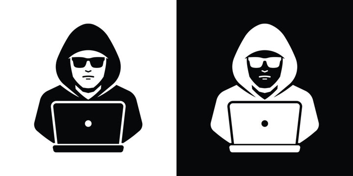 Cyber hacker working on a laptop computer. Black and white silhouette vector icon of a programmer in a hoodie and sunglasses. Concept of online data theft, piracy, and dark web hacking.
