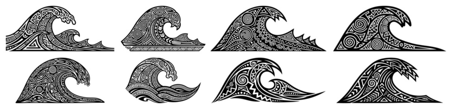 Tribal ocean wave ornaments with ethnic patterns and mandalas