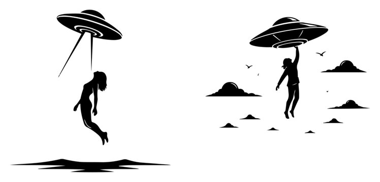 Alien spaceship abducting woman silhouette with beam of light in minimalist style