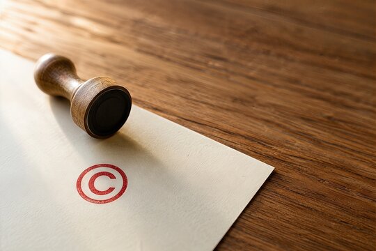 Red copyright symbol stamped on paper, intellectual property concept