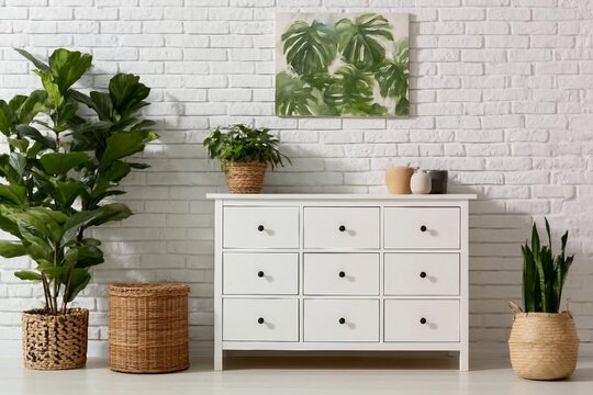 Green houseplant on commode and painting hanging at white brick wall in living room
