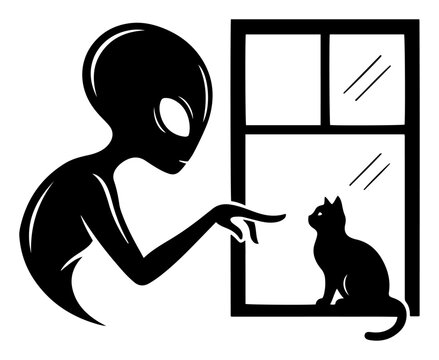 Alien reaching toward cat through window minimalist silhouette graphic