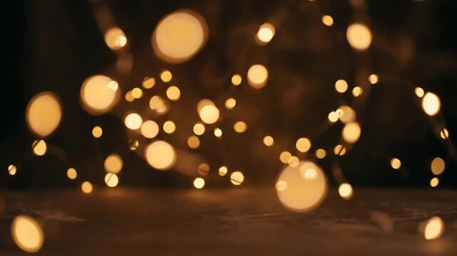 Golden fairy lights bokeh on dark wood surface.