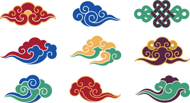 Traditional Asian Cloud Ornament Set Featuring Colorful Oriental Swirl Patterns, Chinese Inspired Decorative Motifs, and Cultural Design Elements